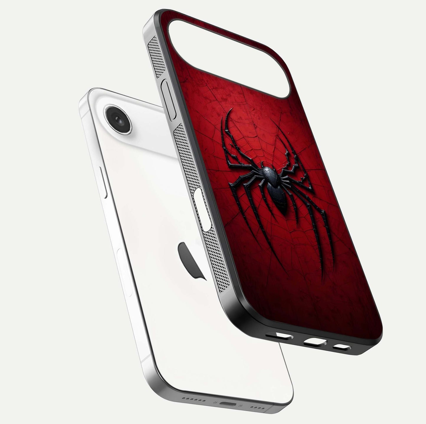 Venom Web Emblem Glass Case for iPhone Air  floating dual-view mockup displaying gloss shine and HD print