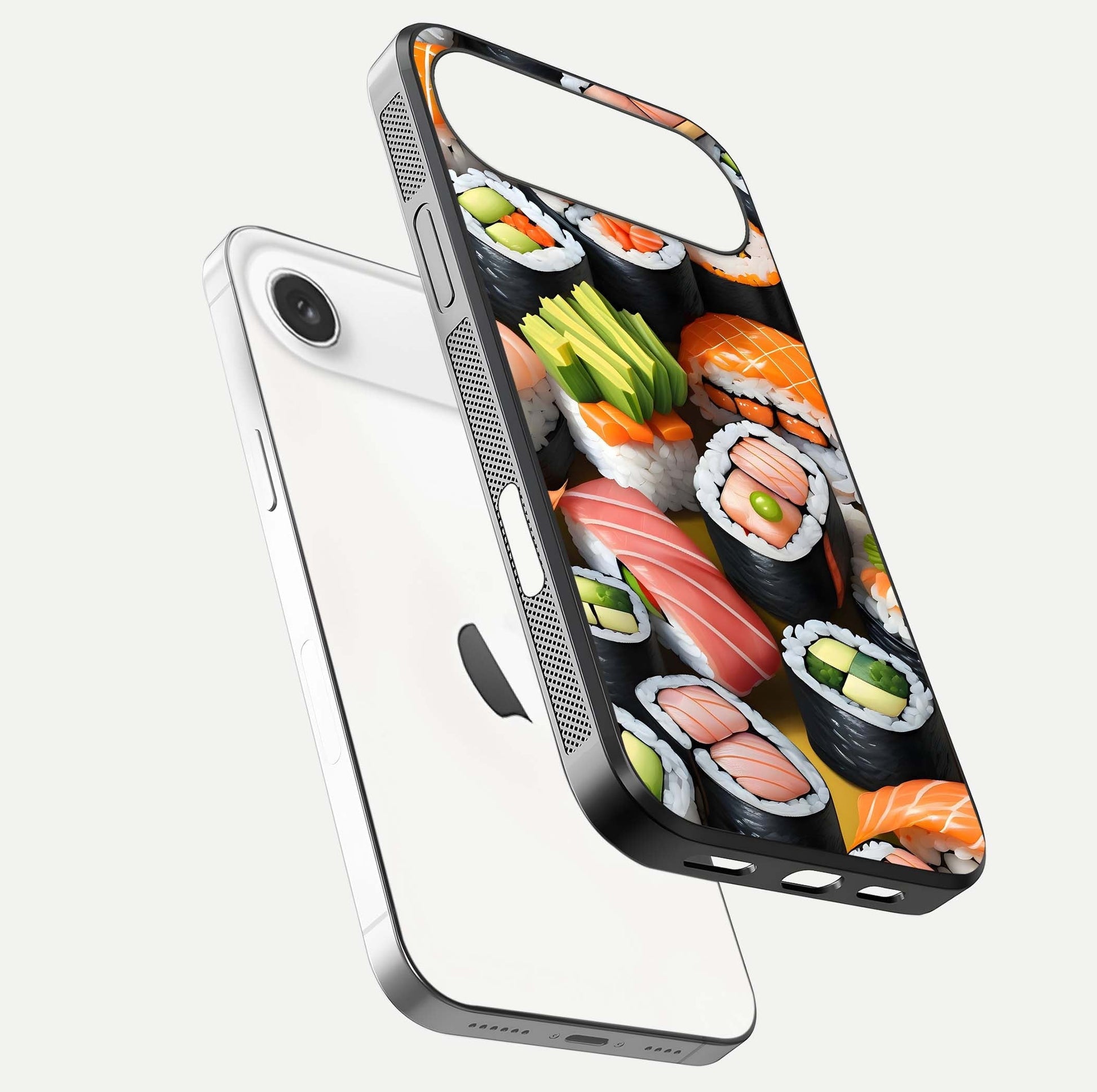 Sushi Food Pattern Glass Case for iPhone Air  floating dual-view mockup displaying gloss and HD pattern