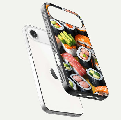 Sushi Food Pattern Glass Case for iPhone Air  floating dual-view mockup displaying gloss and HD pattern