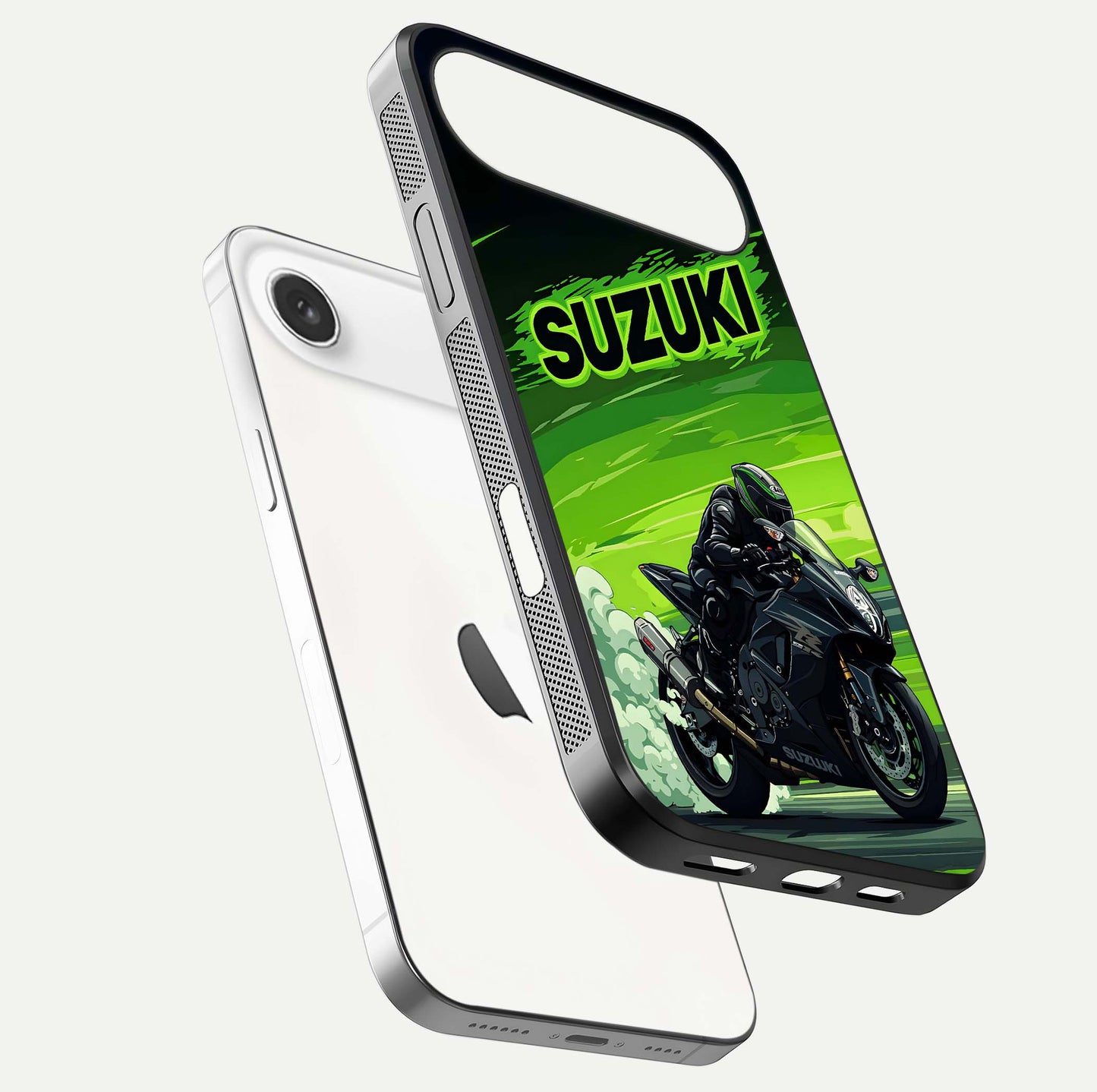 Suzuki Speed Beast Glass Case for iPhone Air  floating dual-view mockup displaying gloss texture and shine