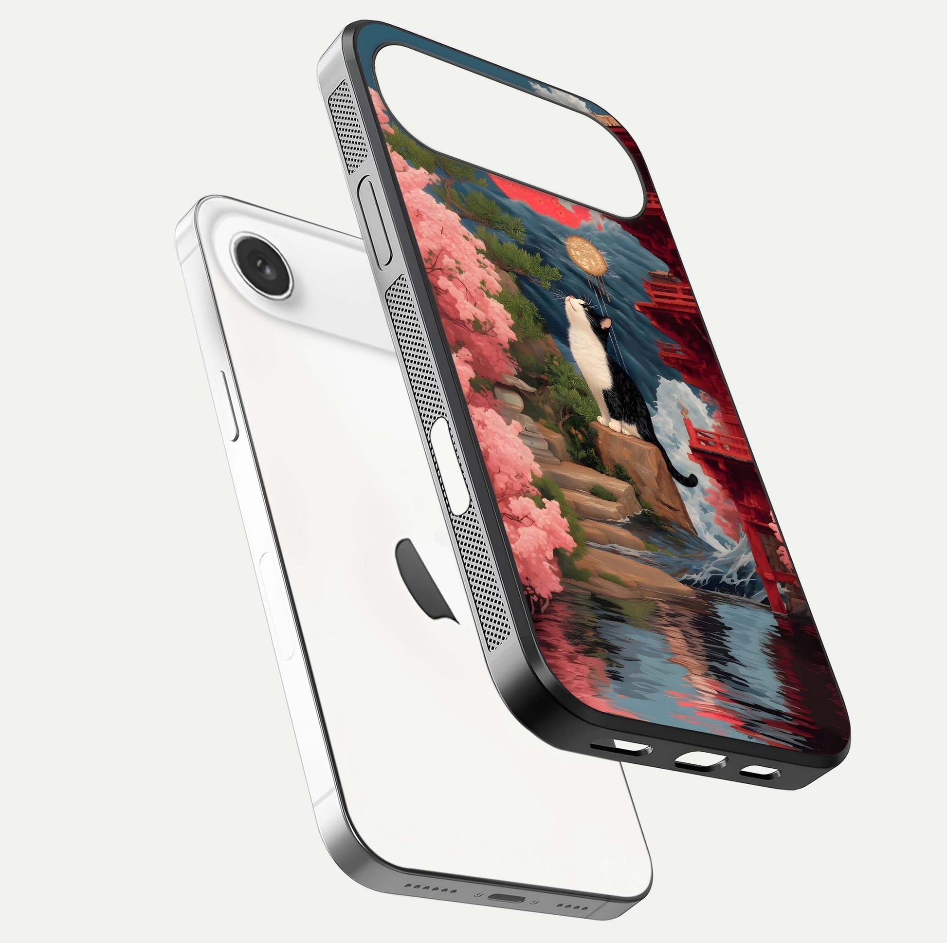 Temple Cat Scenery Glass Case for iPhone Air  floating dual-view mockup displaying gloss and depth detail