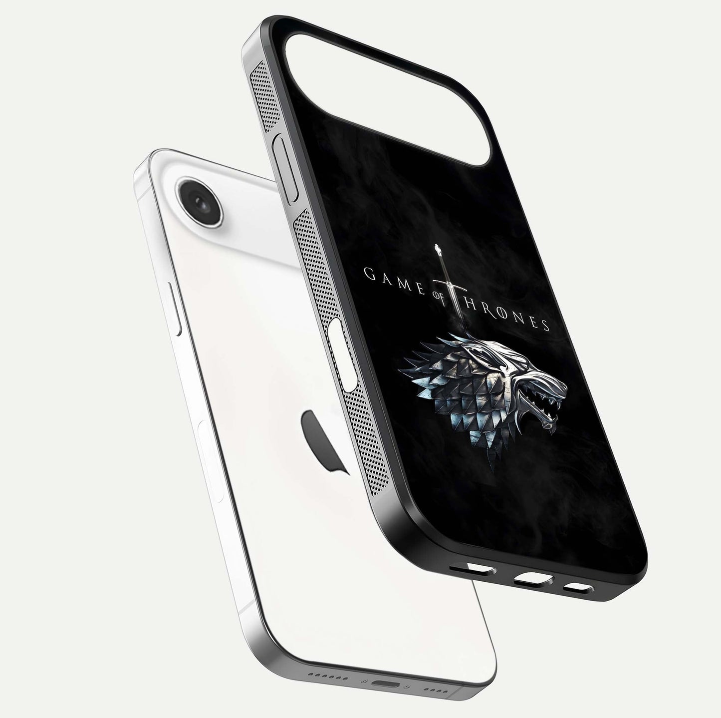 Throne Wolf Legacy Glass Case for iPhone Air  floating dual-view mockup displaying gloss depth and wolf artwork