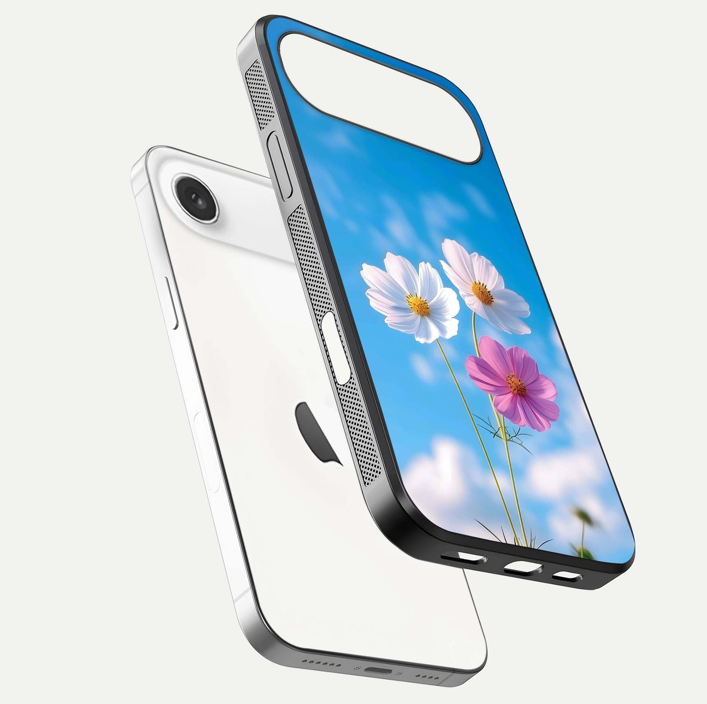 Triple Flowers With Sky Glass Case for iPhone Air  floating dual-view mockup displaying gloss and soft hues