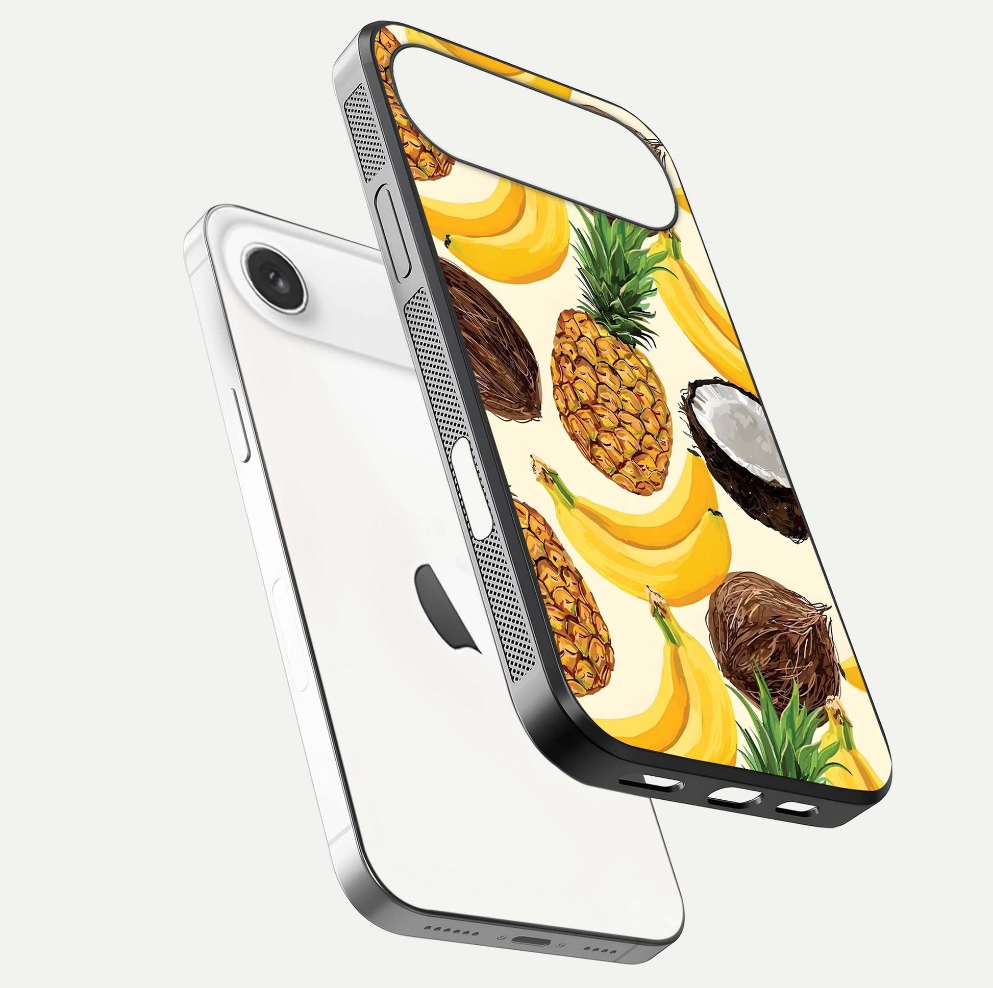 Tropical Fruit Mood Glass Case for iPhone Air  floating dual-view mockup displaying gloss and vibrant colors