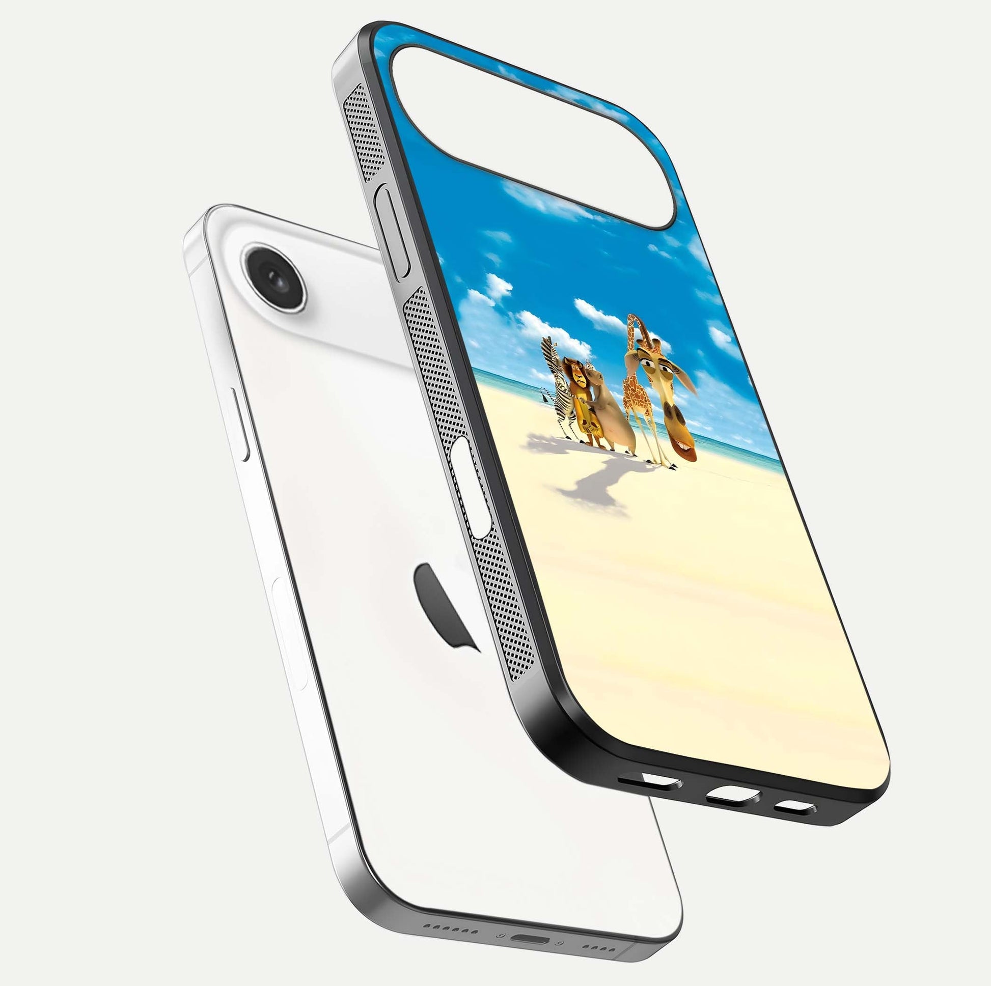 Tropical Fun Squad Glass Case for iPhone Air  floating dual-view mockup displaying gloss reflection and contrast