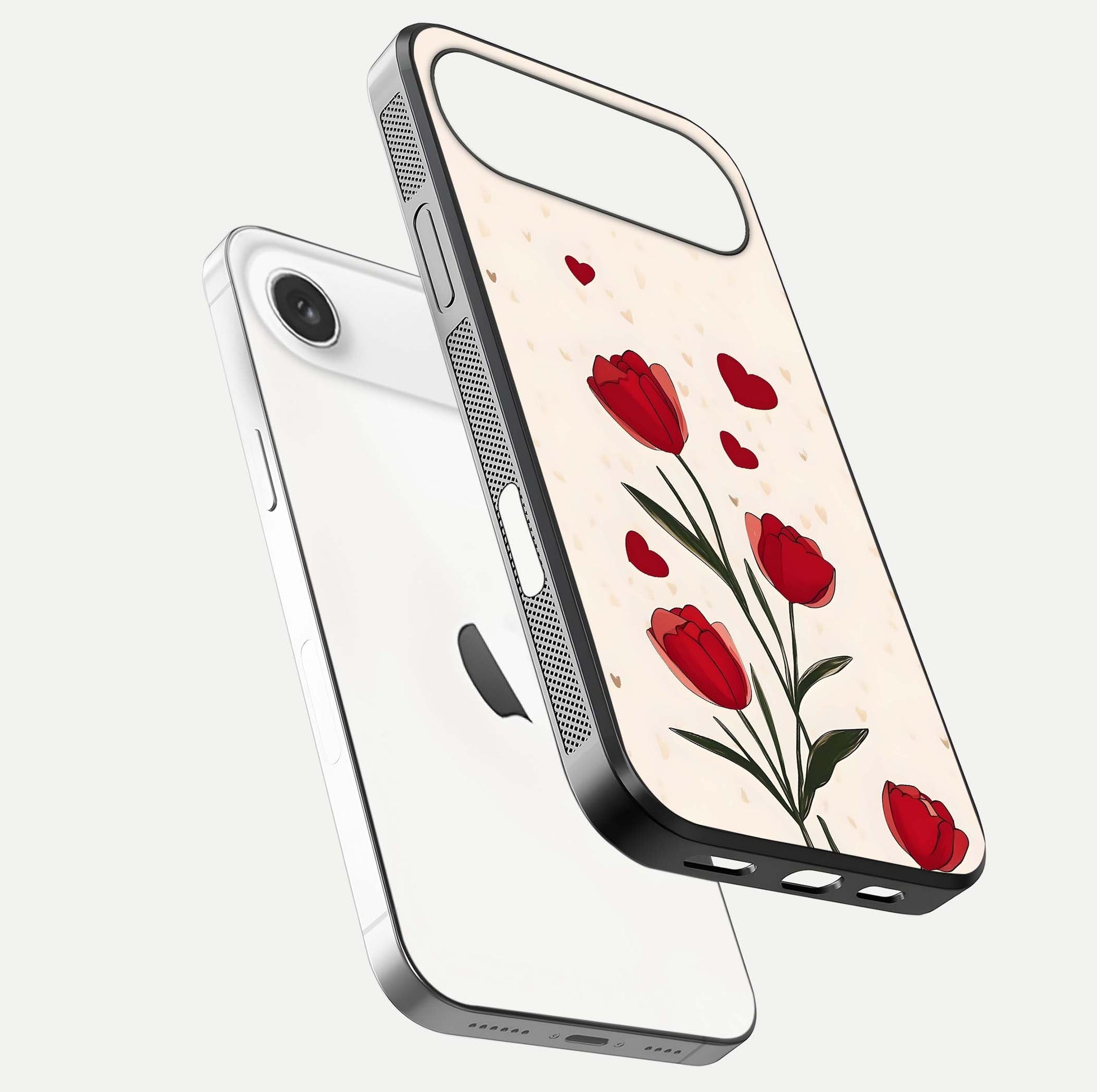Tulip With Heart Glass Case for iPhone Air  floating dual-view mockup displaying gloss texture and shine