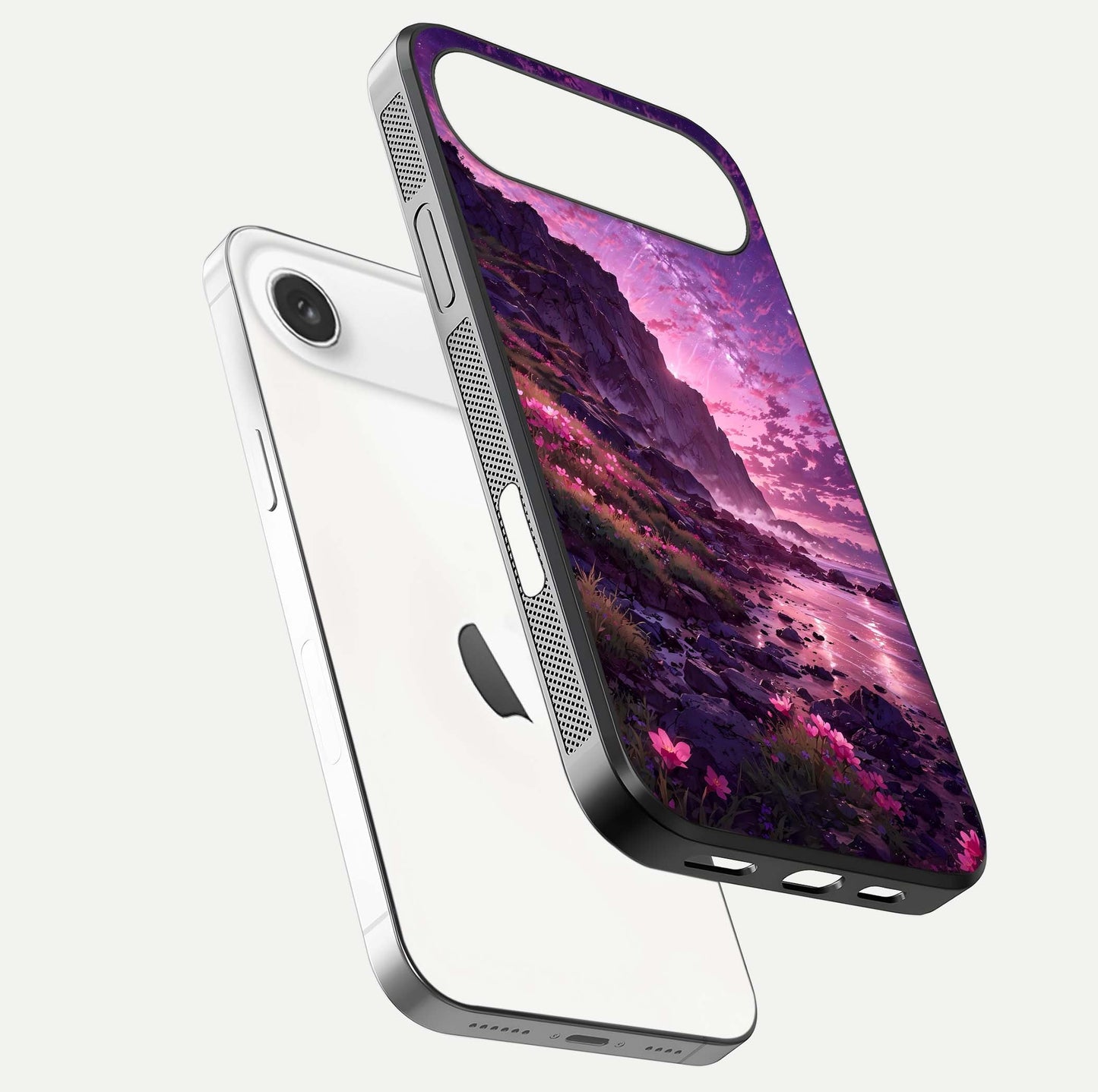 Twilight Blossom Coast Glass Case for iPhone Air  floating dual-view mockup displaying gloss surface and detail