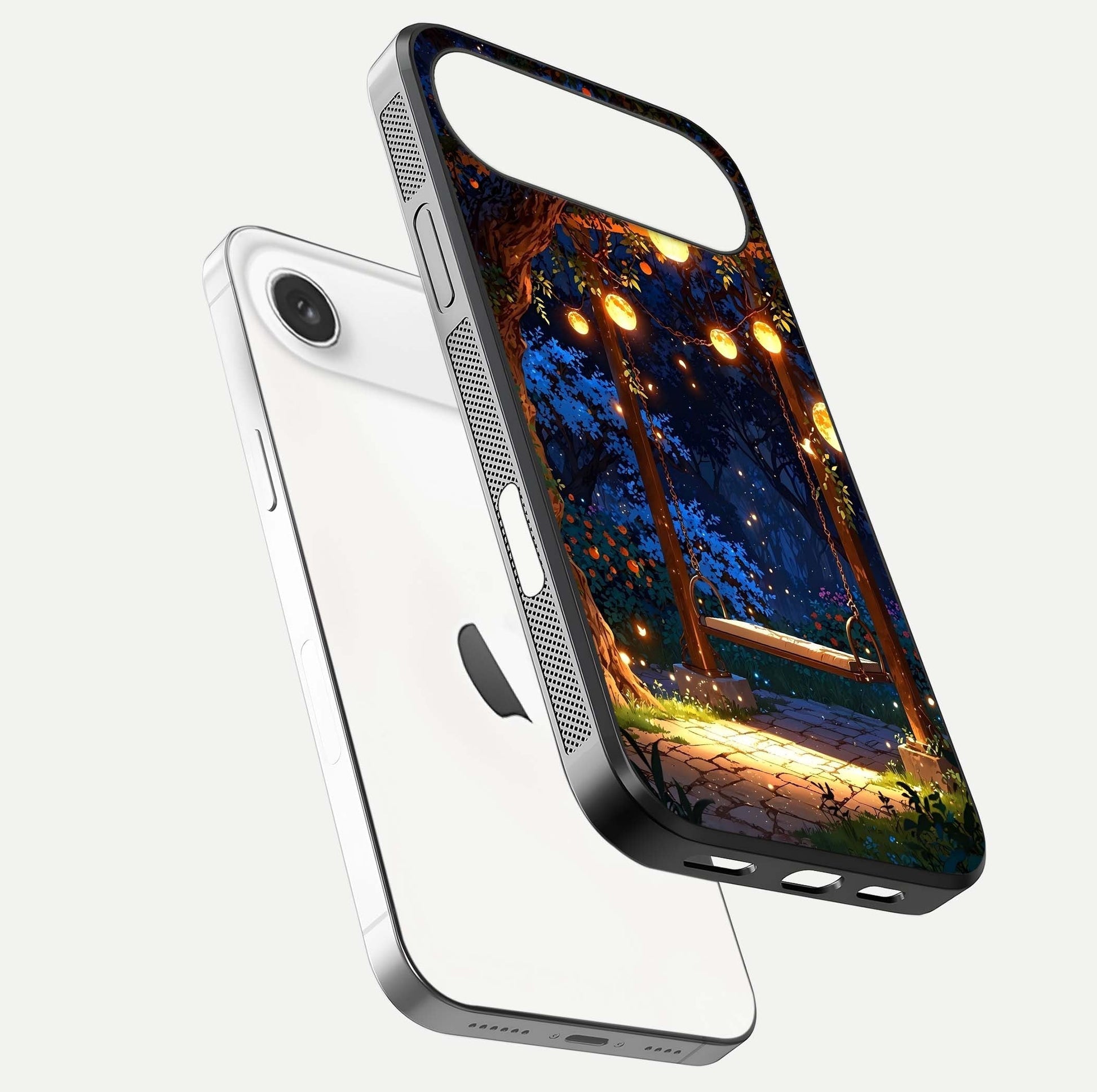 Twilight Garden Swing Glass Case for iPhone Air  floating dual-view mockup displaying gloss and tone balance