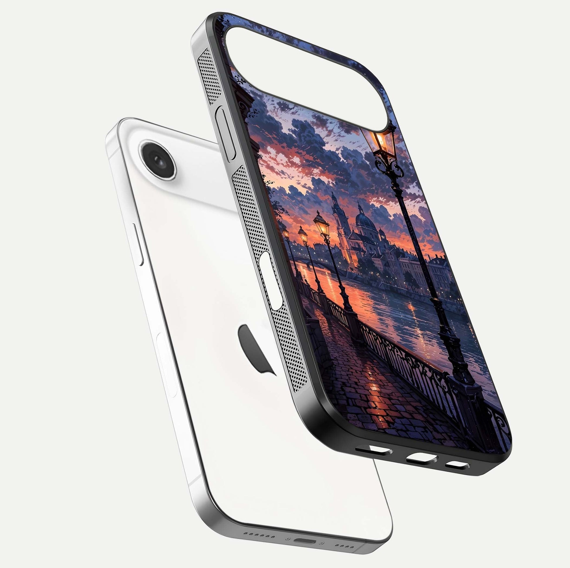 Twilight River Lights Glass Case for iPhone Air  floating dual-view mockup displaying gloss shine and vivid details