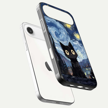 Van Gogh Cat Glass Case for iPhone Air  floating dual-view mockup displaying gloss shine and artistic texture