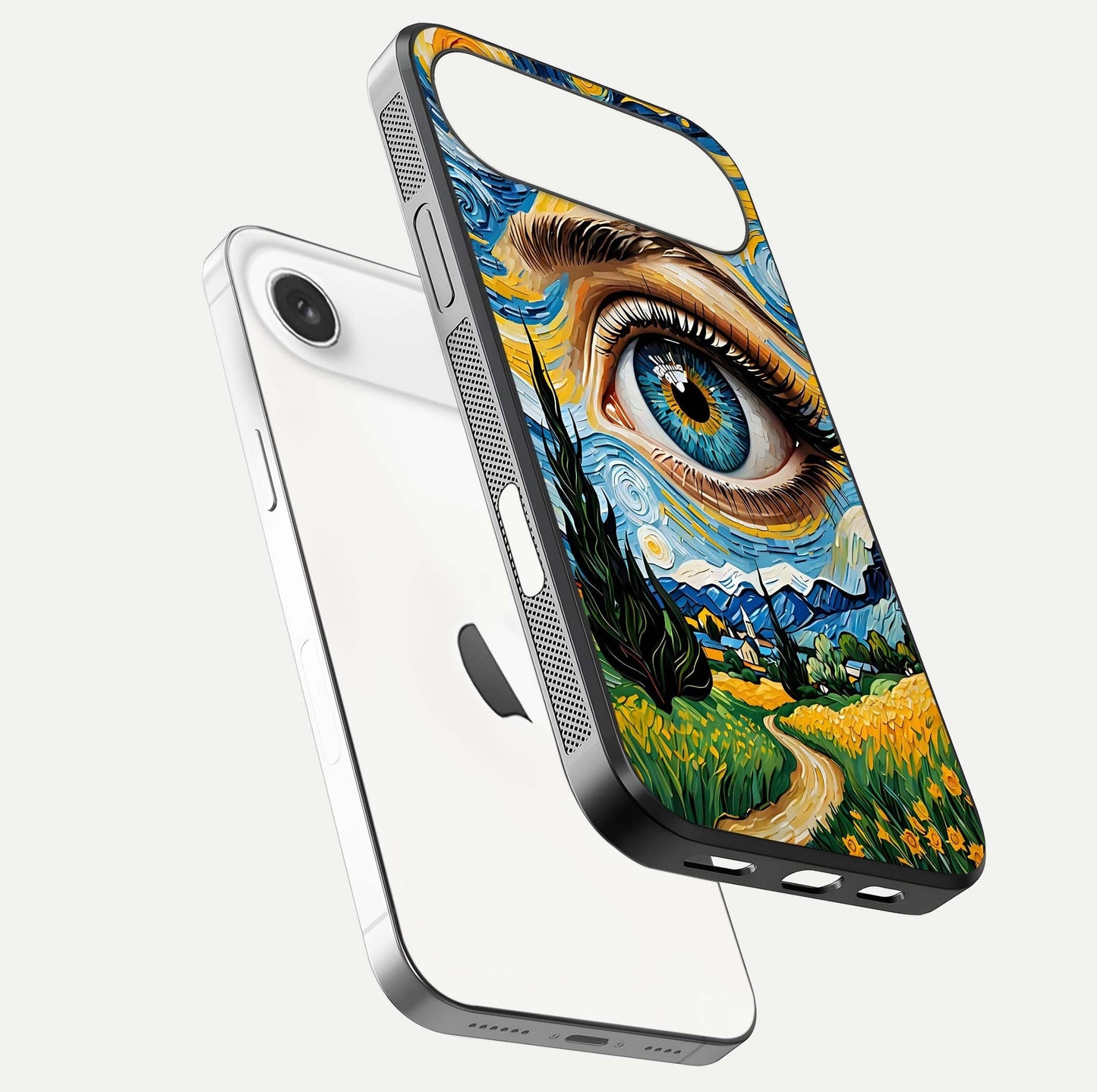 Van Gogh Eye Glass Case for iPhone Air  floating dual-view mockup displaying gloss texture and depth