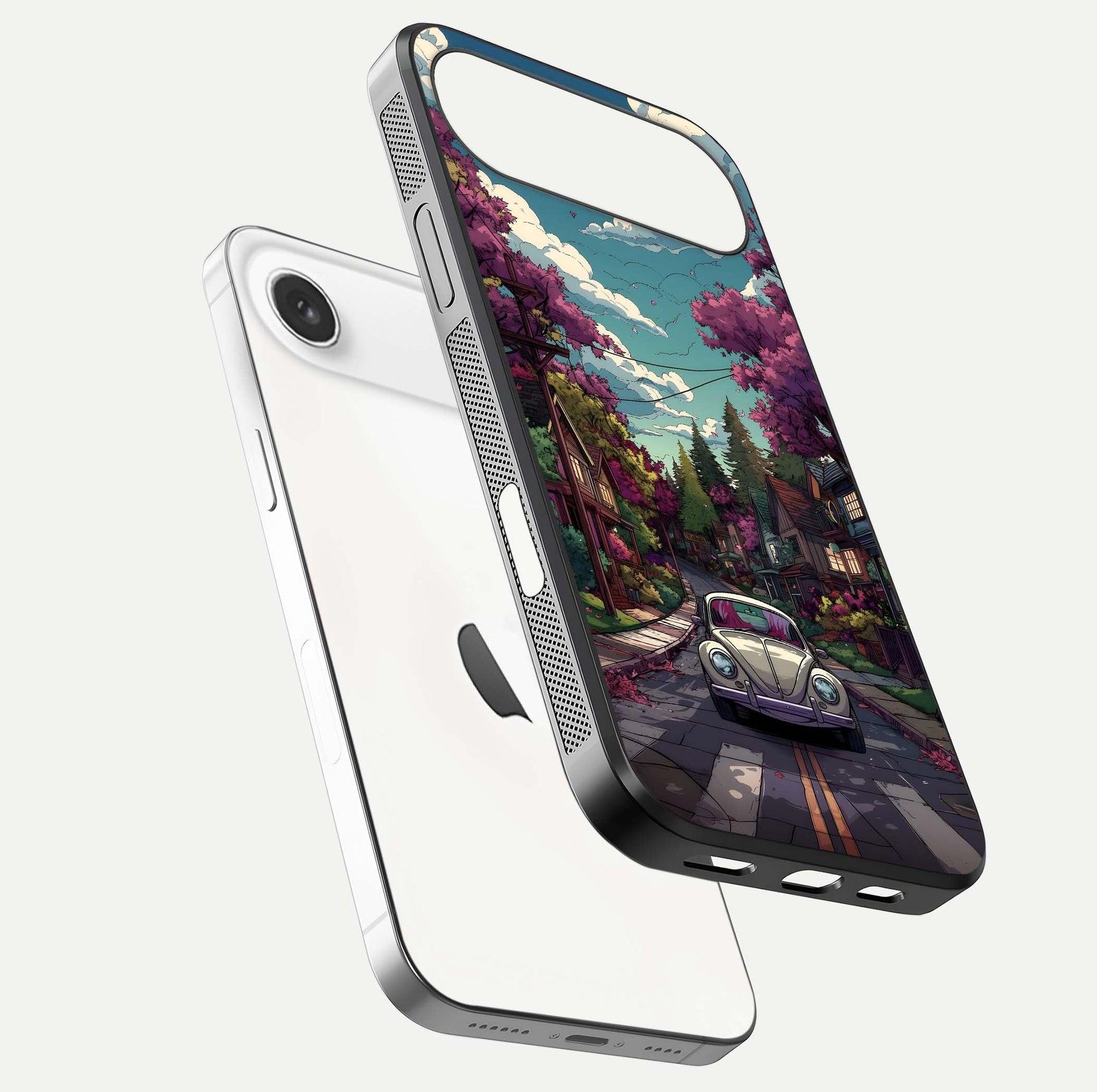 Vintage Street Drive Glass Case for iPhone Air  floating dual-view mockup displaying gloss shine and texture