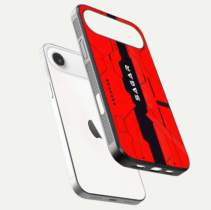 Voltage Rise CYBERPUNK Custom Name Glass Case for iPhone Air  floating dual-view mockup displaying gloss shine and lighting