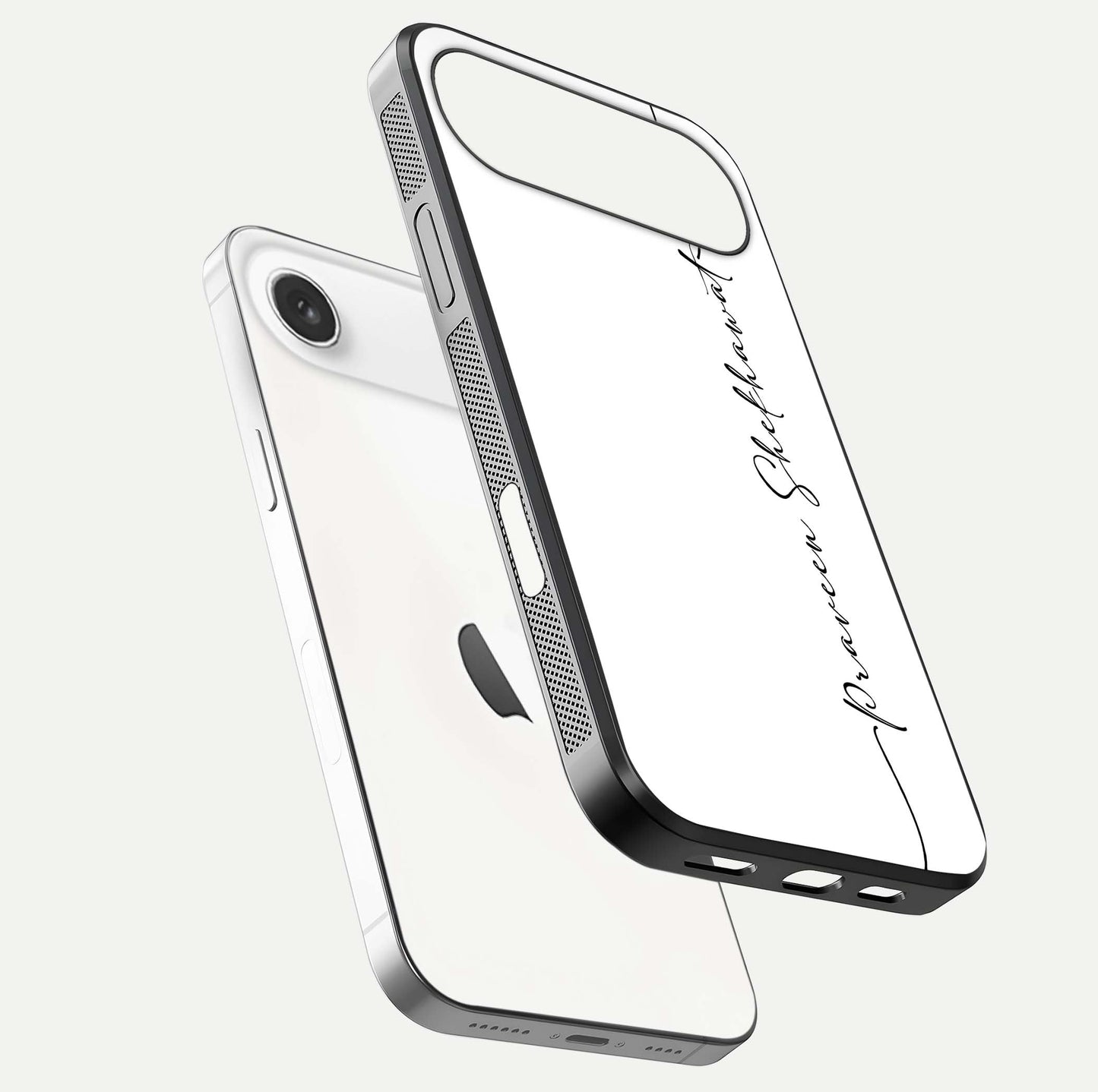 White Tune Custom Name Glass Case for iPhone Air  floating dual-view mockup displaying gloss and HD detail