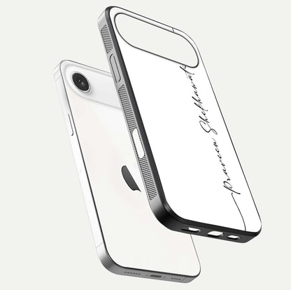White Tune Custom Name Glass Case for iPhone Air  floating dual-view mockup displaying gloss and HD detail