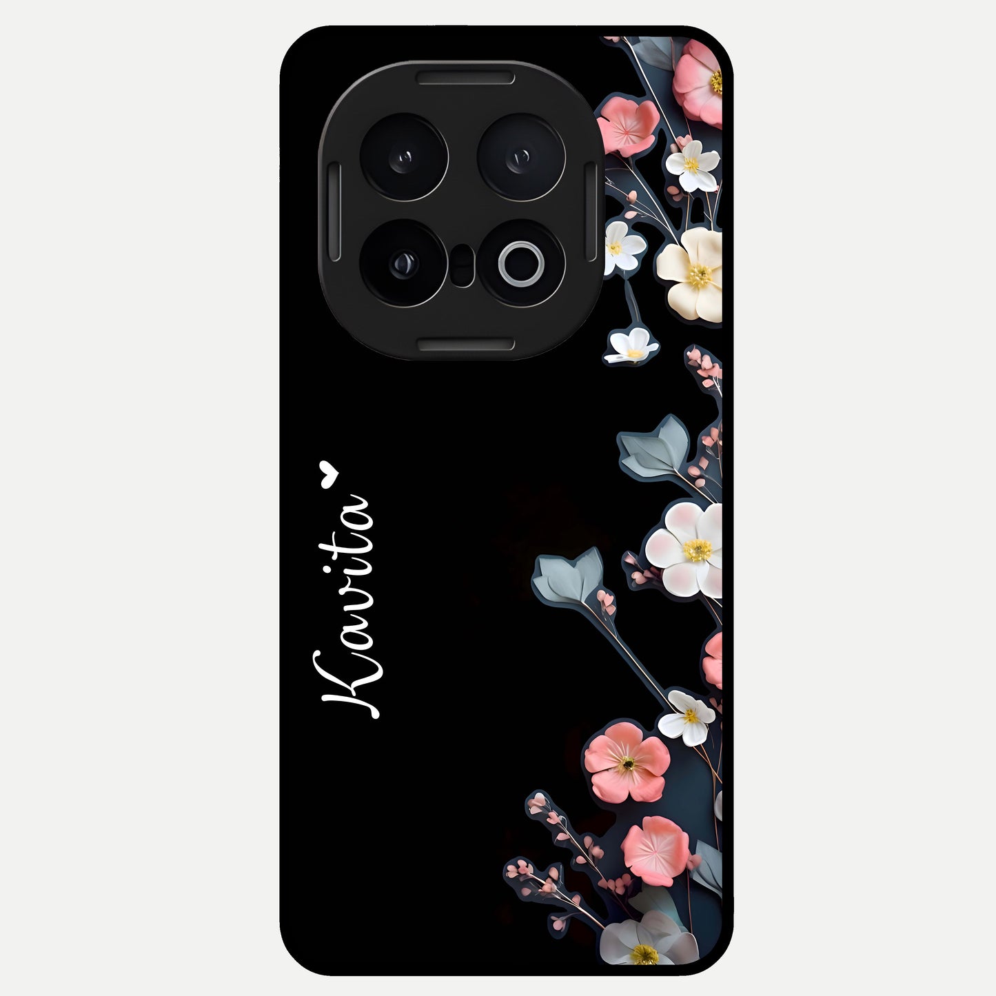  Black Elegance Floral Custom Name Glass Case for iQOO 13 back cover – full design glossy printed glass finish