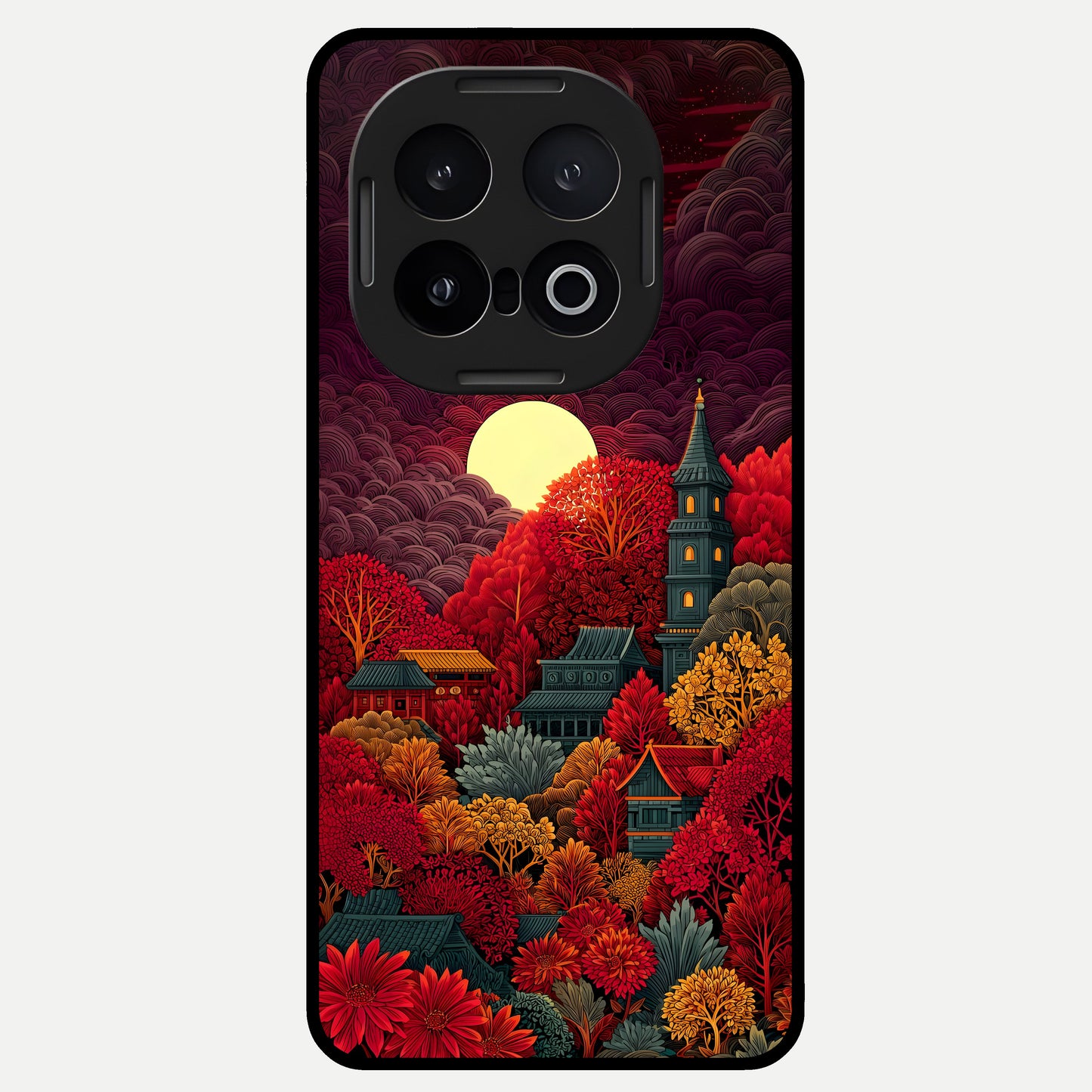 Scarlet Autumn Temple Glass Case for iQOO 13 back cover – full design glossy printed glass finish