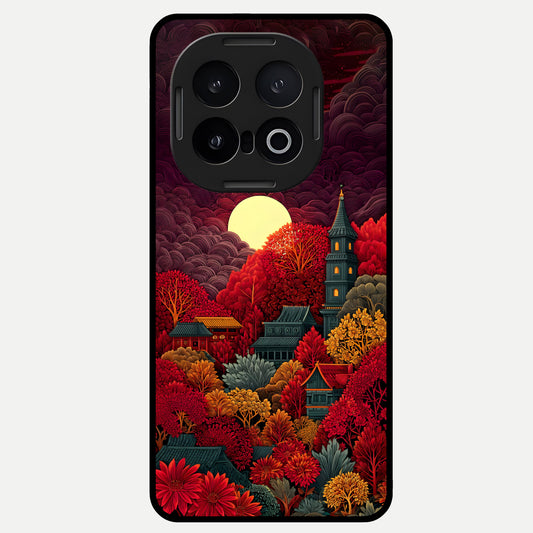  Scarlet Autumn Temple Glass Case for iQOO 13 back cover – full design glossy printed glass finish