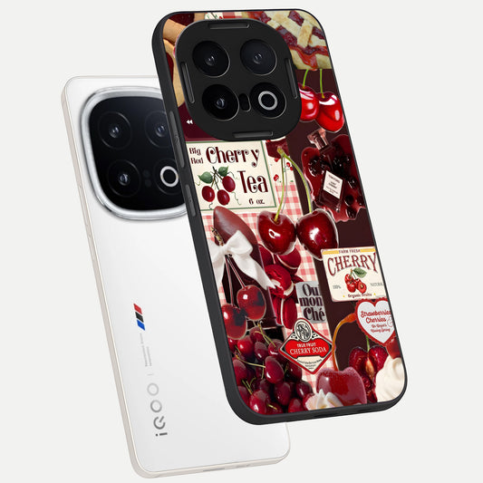  Aesthetic Cherry Tea phone case for iQOO 13 showing premium glass back cover with detailed artwork