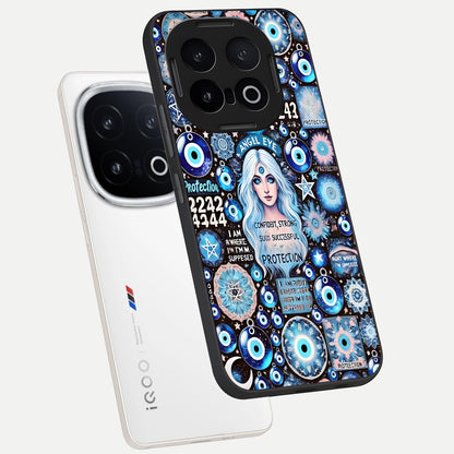  Angel Aura Shield phone case for iQOO 13 showing premium glass back cover with detailed artwork