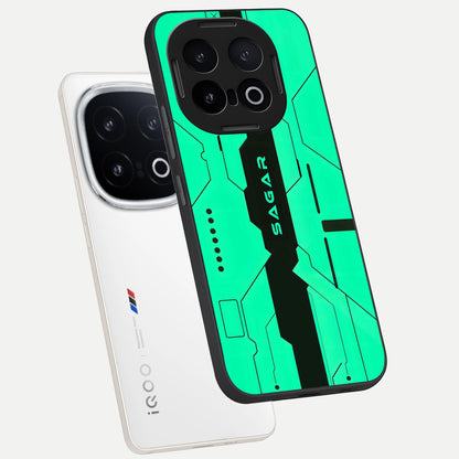  Aqua Tech CYBERPUNK Custom Name phone case for iQOO 13 showing premium glass back cover with detailed artwork