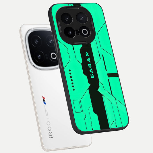  Aqua Tech CYBERPUNK Custom Name phone case for iQOO 13 showing premium glass back cover with detailed artwork