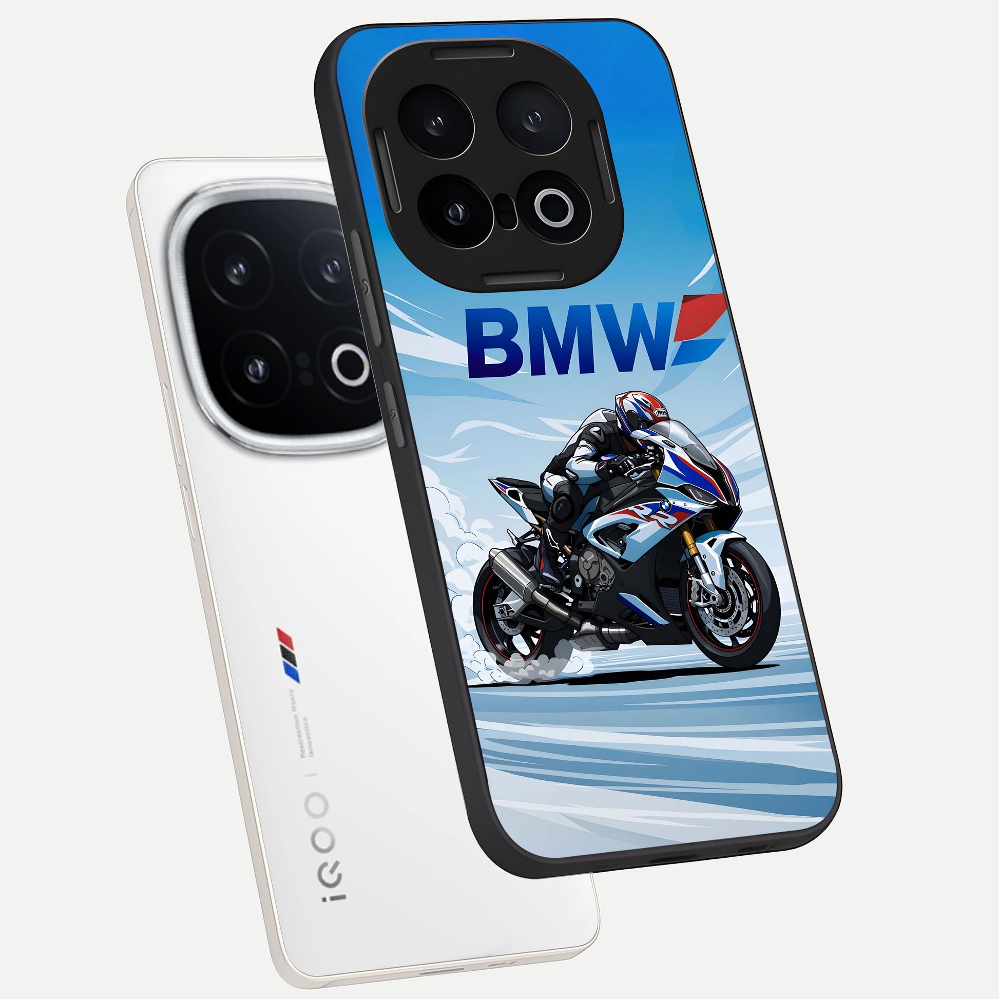  BMW Power Drift phone case for iQOO 13 showing premium glass back cover with detailed artwork