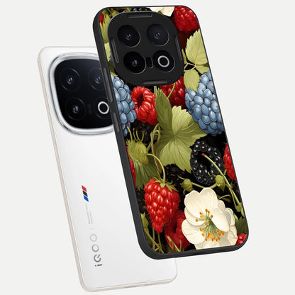  Berry Bloom Charm phone case for iQOO 13 showing premium glass back cover with detailed artwork