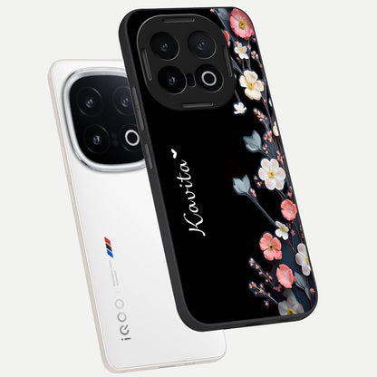  Black Elegance Floral Custom Name phone case for iQOO 13 showing premium glass back cover with detailed artwork