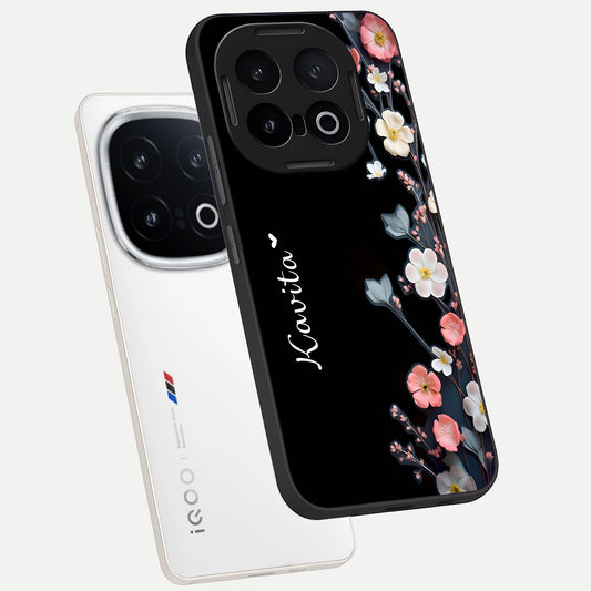  Black Elegance Floral Custom Name phone case for iQOO 13 showing premium glass back cover with detailed artwork