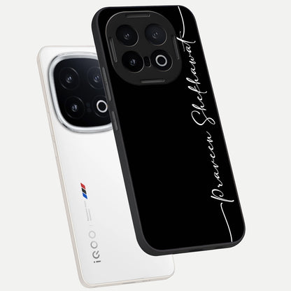  Black Tune Custom Name phone case for iQOO 13 showing premium glass back cover with detailed artwork