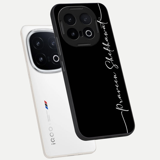  Black Tune Custom Name phone case for iQOO 13 showing premium glass back cover with detailed artwork