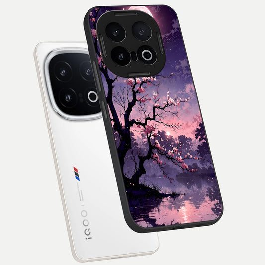 Blossom Pink Moon phone case for iQOO 13 showing premium glass back cover with detailed artwork