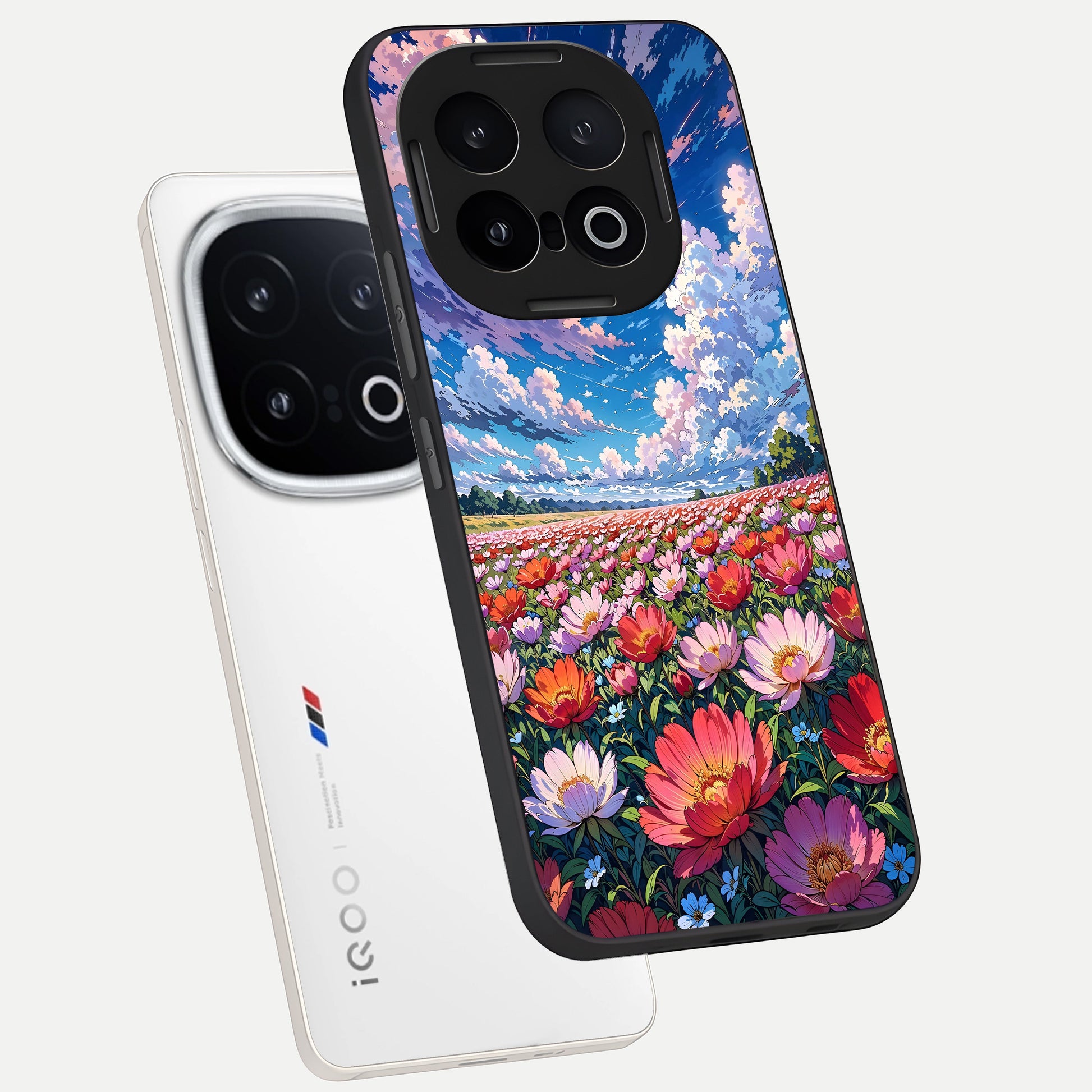  Blossom Sky Field phone case for iQOO 13 showing premium glass back cover with detailed artwork