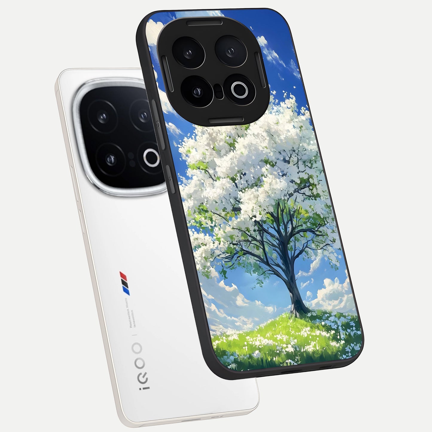  Blossom Sky Serenity phone case for iQOO 13 showing premium glass back cover with detailed artwork