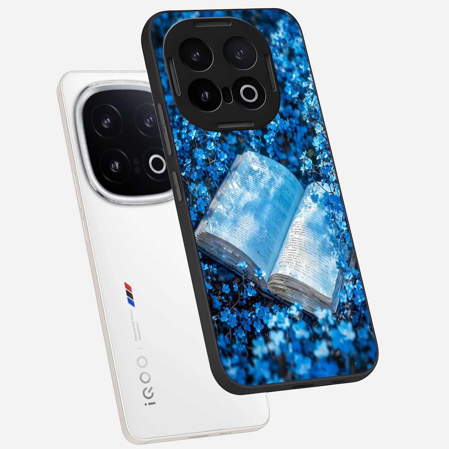  Blue Bloom Tales phone case for iQOO 13 showing premium glass back cover with detailed artwork
