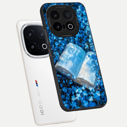 Blue Bloom Tales phone case for iQOO 13 showing premium glass back cover with detailed artwork