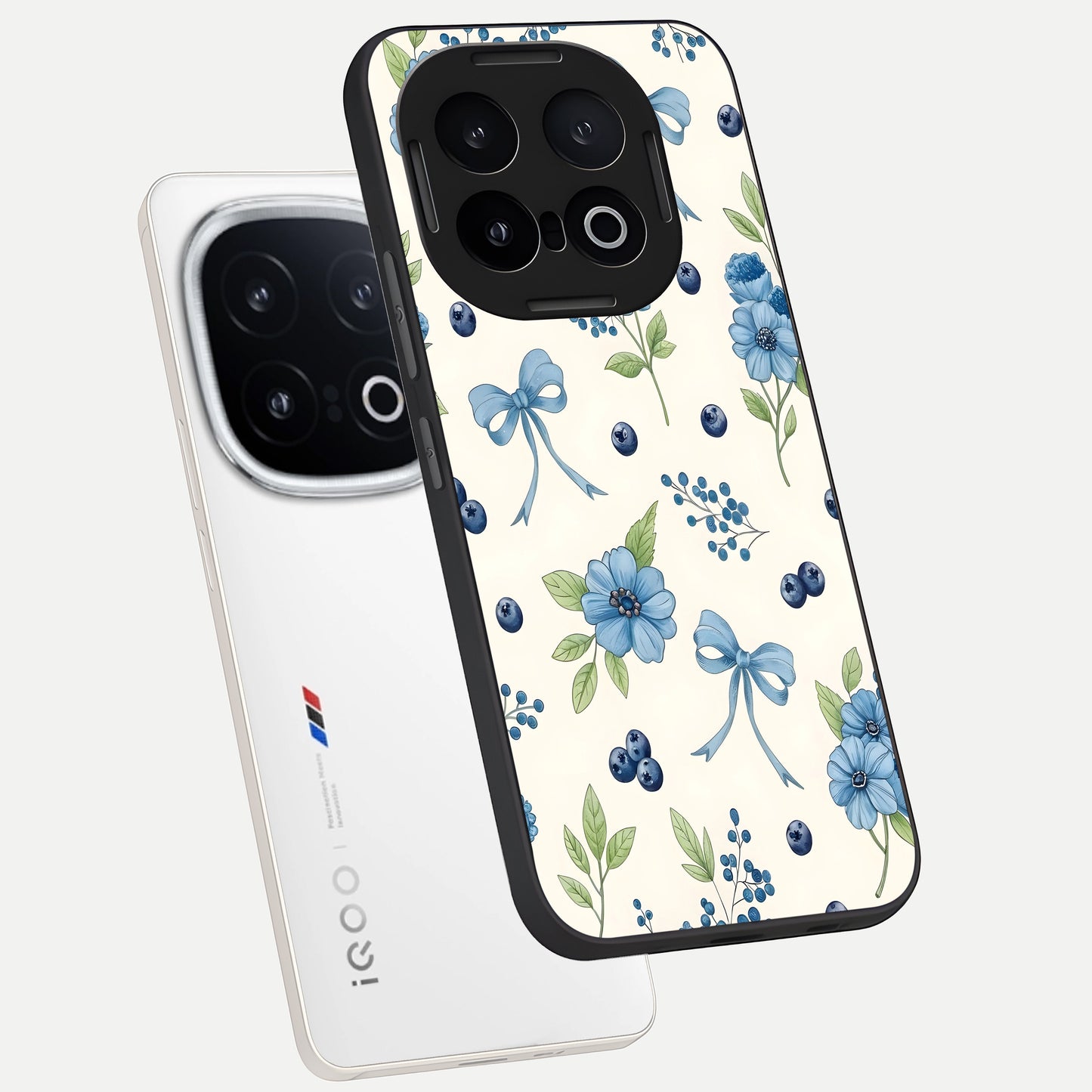  Blue Flower And Bow phone case for iQOO 13 showing premium glass back cover with detailed artwork