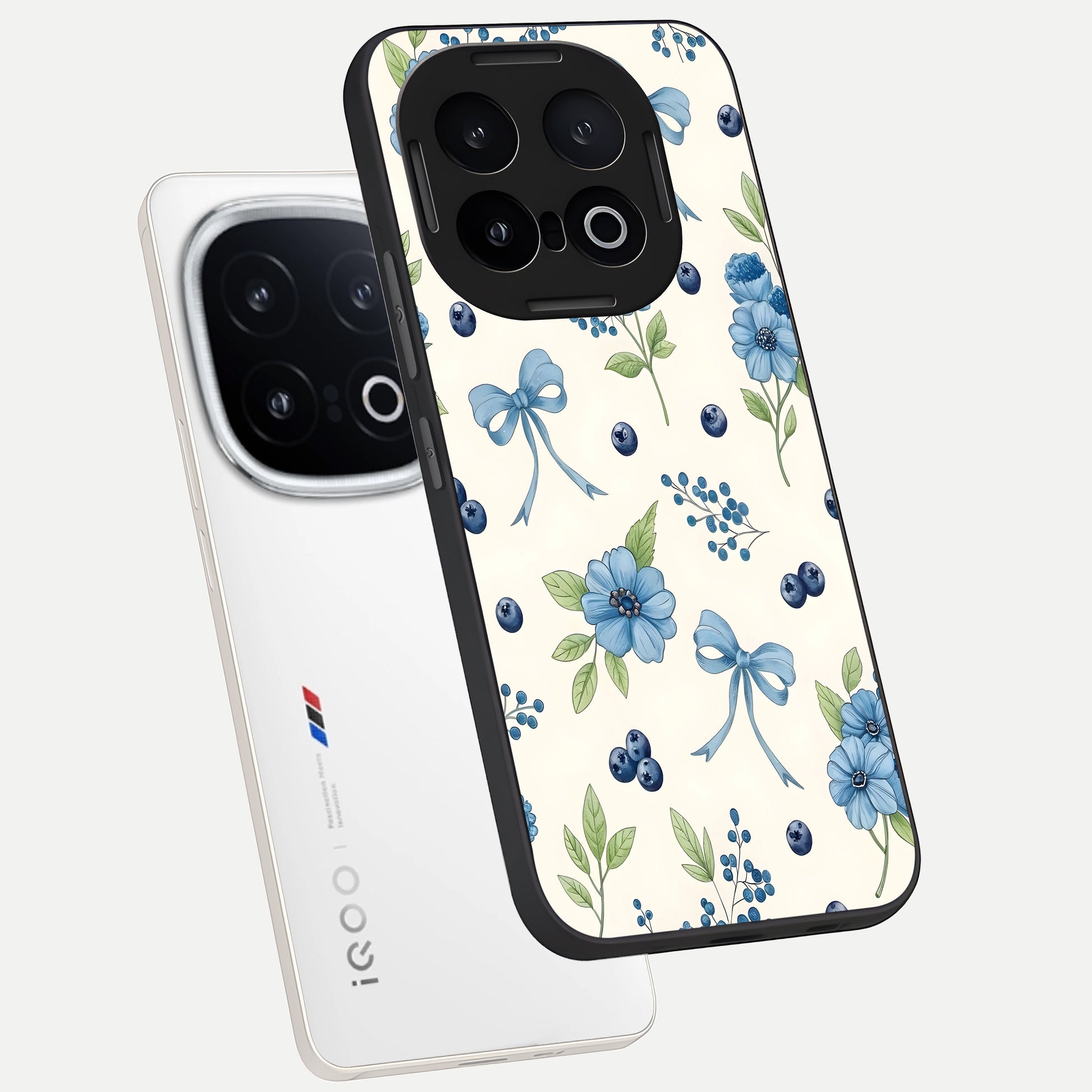  Blue Flower And Bow phone case for iQOO 13 showing premium glass back cover with detailed artwork