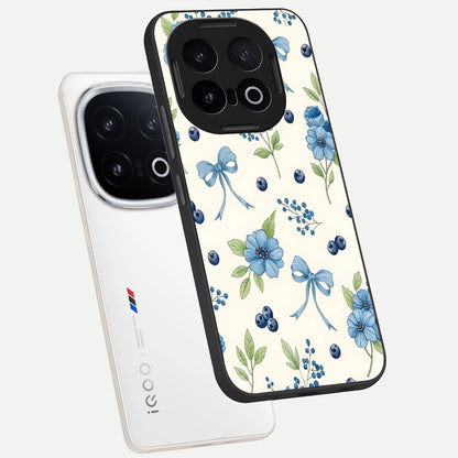  Blue Flower And Bow phone case for iQOO 13 showing premium glass back cover with detailed artwork