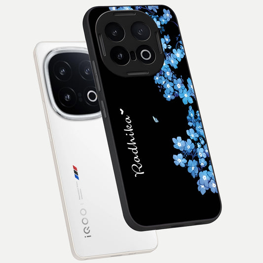  Blue Petal Dream Custom Name phone case for iQOO 13 showing premium glass back cover with detailed artwork