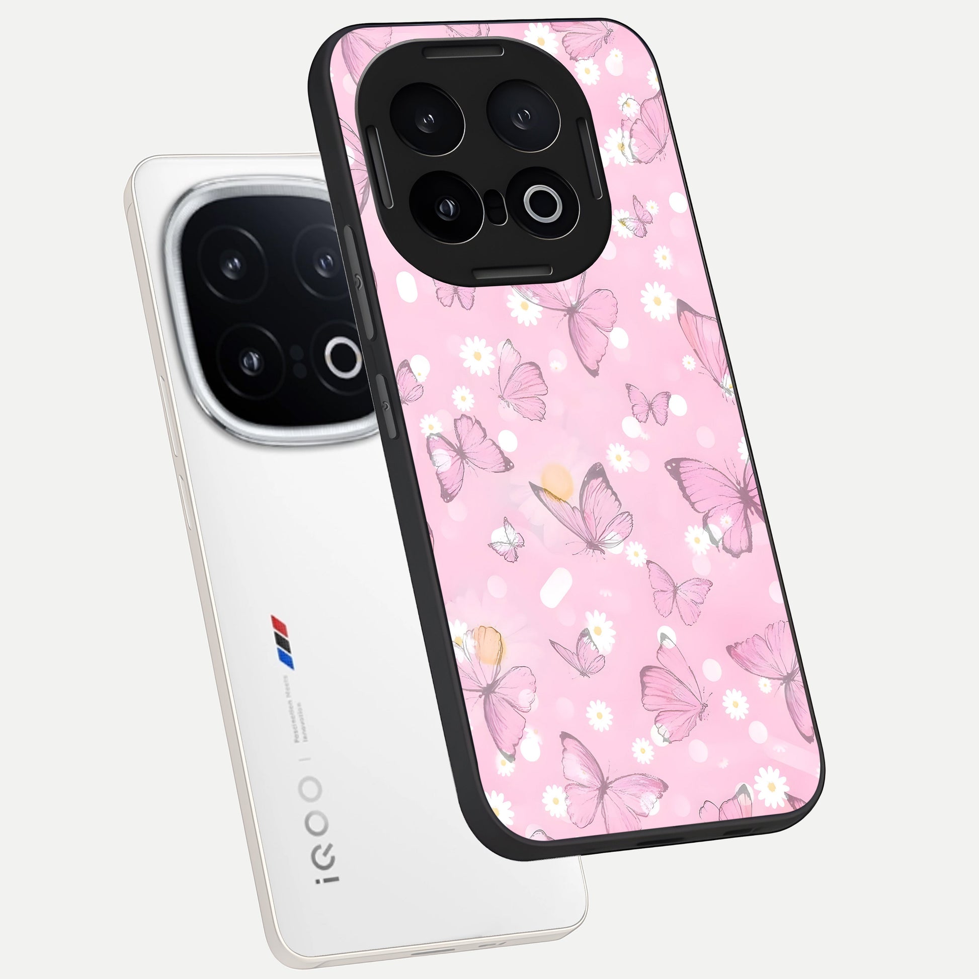  Blush Butterfly Garden phone case for iQOO 13 showing premium glass back cover with detailed artwork