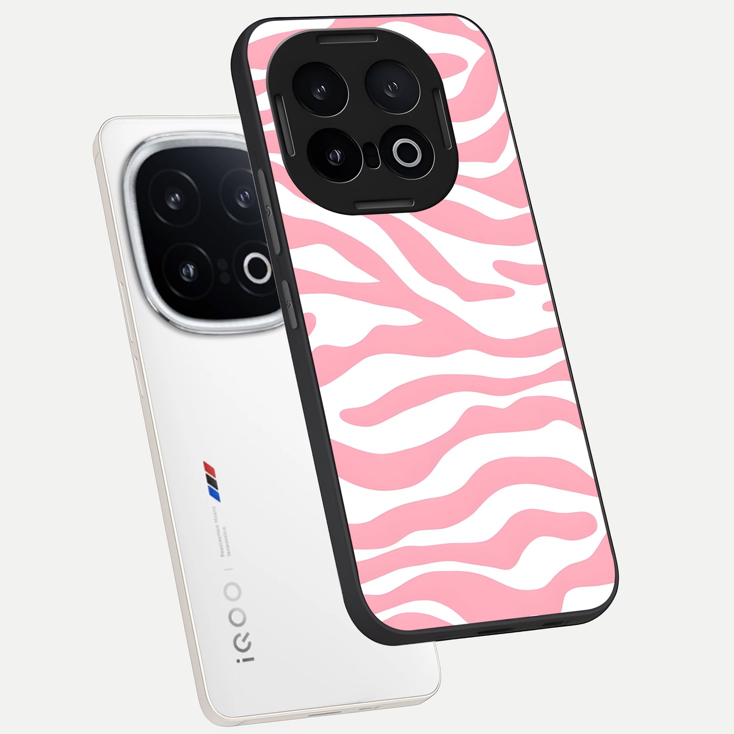  Blush Zebra Flow phone case for iQOO 13 showing premium glass back cover with detailed artwork