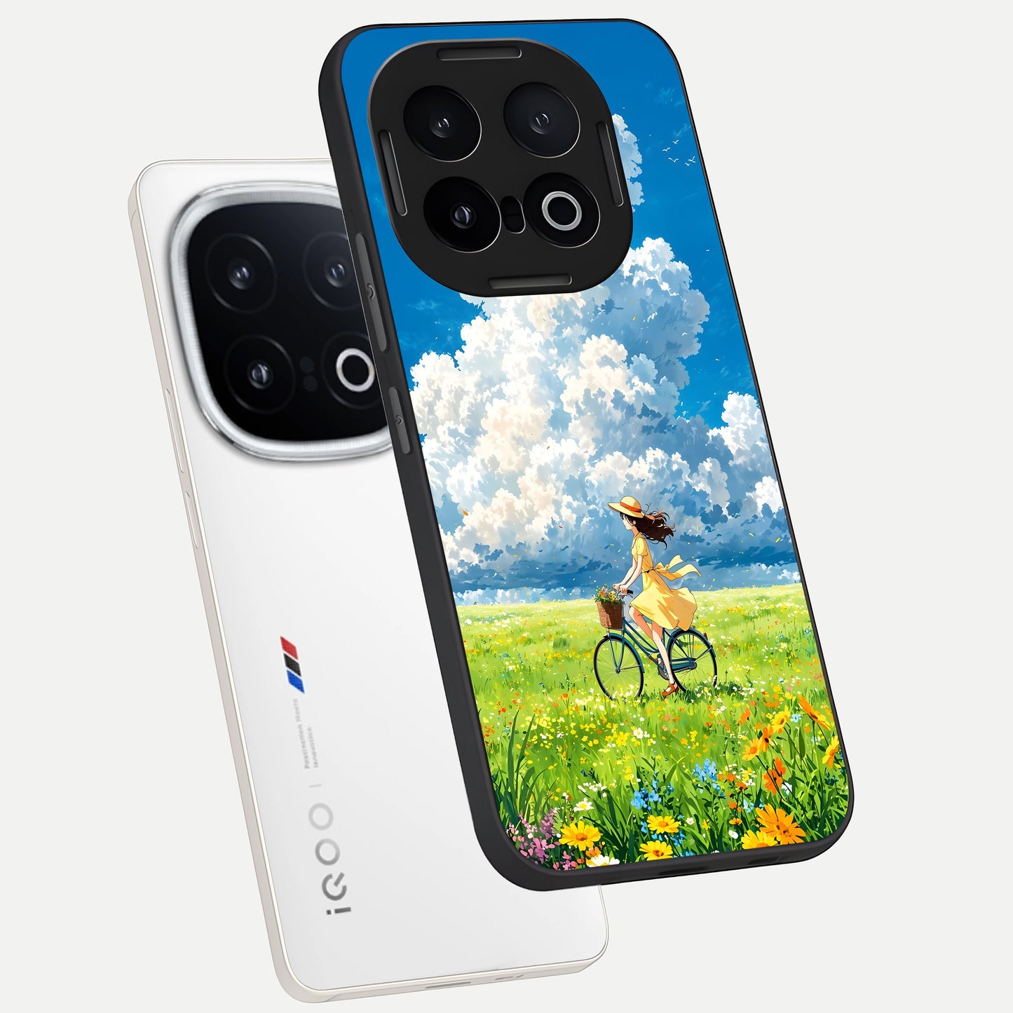  Breezy Meadow Ride phone case for iQOO 13 showing premium glass back cover with detailed artwork