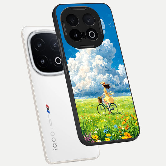  Breezy Meadow Ride phone case for iQOO 13 showing premium glass back cover with detailed artwork