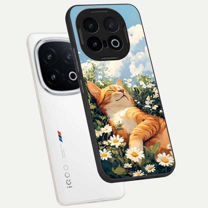  Cat And Flowers View phone case for iQOO 13 showing premium glass back cover with detailed artwork