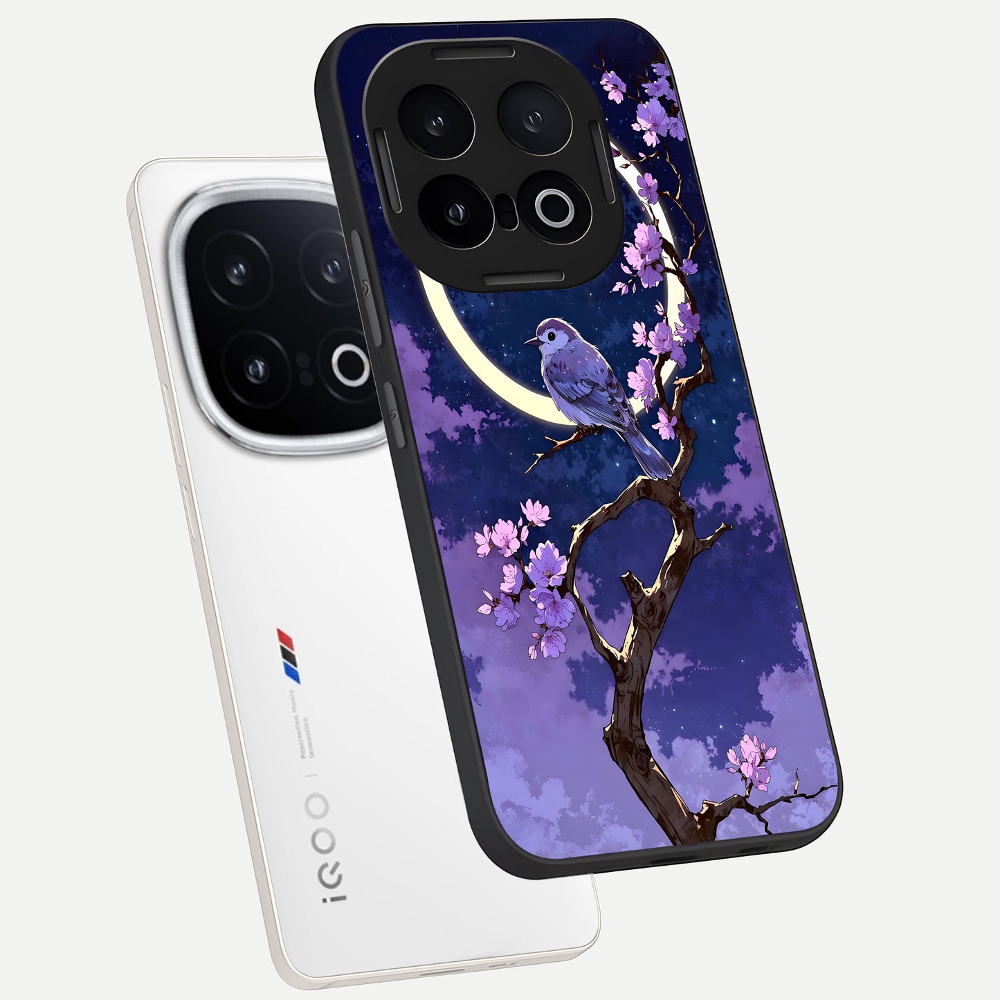  Celestial Bird Blossom phone case for iQOO 13 showing premium glass back cover with detailed artwork