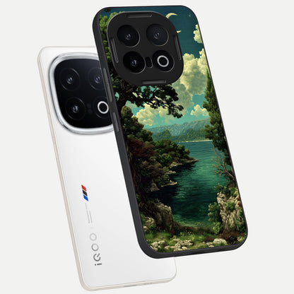  Celestial Lake Peace phone case for iQOO 13 showing premium glass back cover with detailed artwork