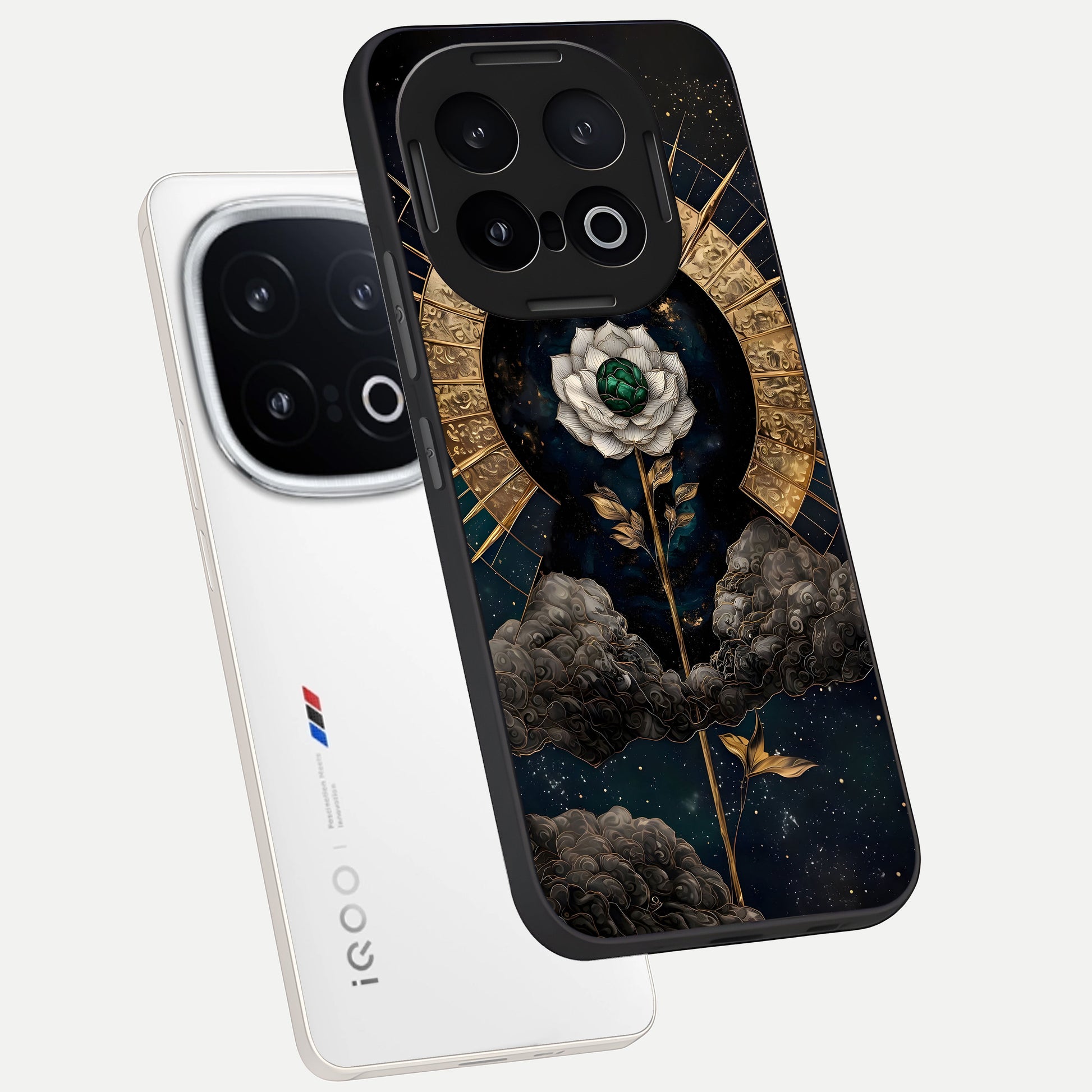 Celestial Lotus Morang phone case for iQOO 13 showing premium glass back cover with detailed artwork