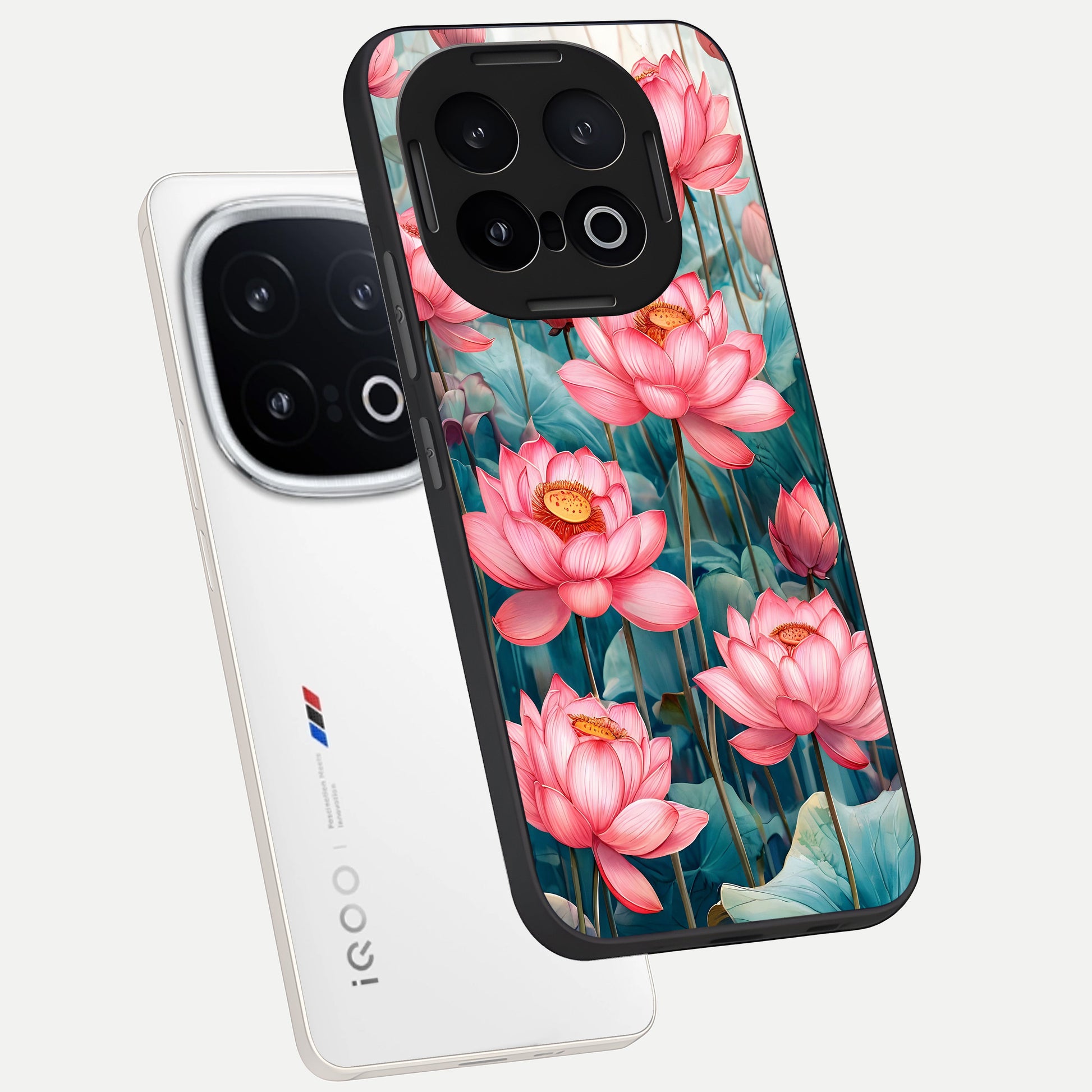  Celestial Pink Lotus phone case for iQOO 13 showing premium glass back cover with detailed artwork